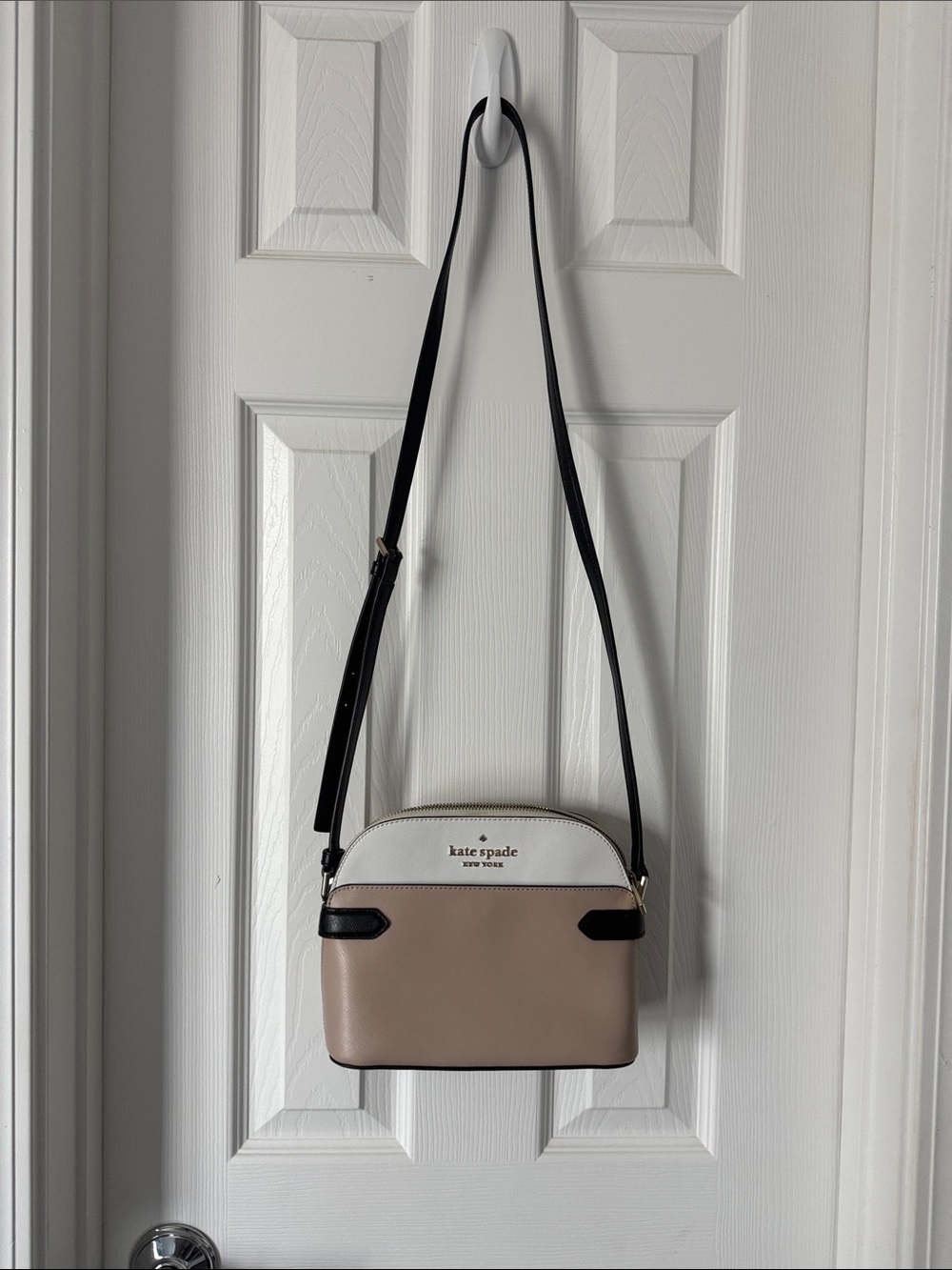 kate spade Beige and White Leather Crossbody with Black Strap
